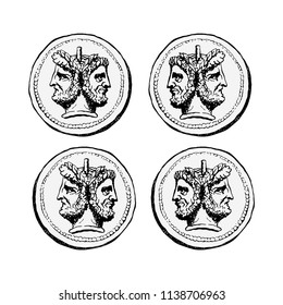 Two-faced Janus. Two male heads in profile, connected by the nape. Stylization of the ancient Roman coin. Graphical design. Vector illustration.