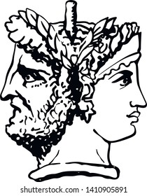 Two-faced Janus. Woman and man heads in profile, connected by the nape. Stylization of the ancient Roman style. Graphical design. Vector illustration.