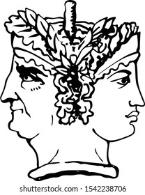 Two-faced Janus. Young Woman and Old Woman heads in profile, connected by the nape. Stylization of the ancient Roman style. Graphical design. Vector illustration.