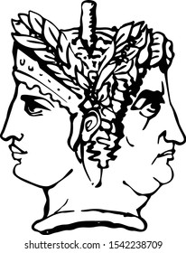 Two-faced Janus. Young Woman and Old Woman heads in profile, connected by the nape. Stylization of the ancient Roman style. Graphical design. Vector illustration.