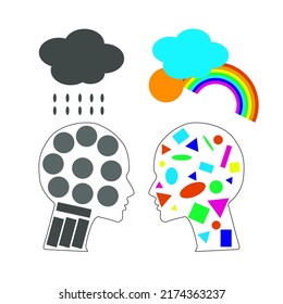 two-faced ornament, gray with gray cloud and colored with sun, rainbow