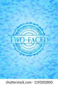 Two-faced sky blue emblem. Mosaic background