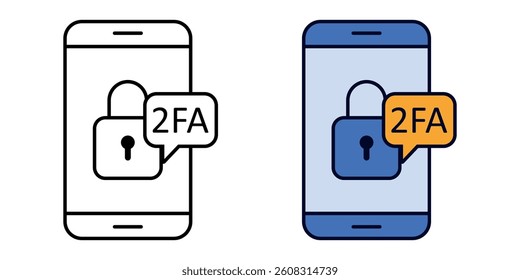 Two-factor authentication icon with smartphone and lock, showing 2FA security symbol in outline and color versions for cybersecurity and UI design.