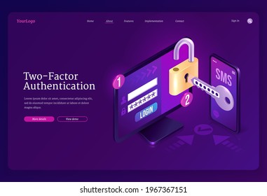 Two-factor authentication isometric landing page, password secure login verification or sms with push code message on smartphone or mobile phone and lock on computer pc desktop 3d vector web banner - Shutterstock ID 1967367151