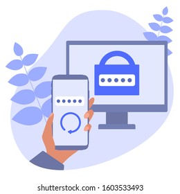 Two-factor authentication mobile app. RSA token mobile app. Cryptosystem for security. Two-factor authentication software. Vector concept illustration.