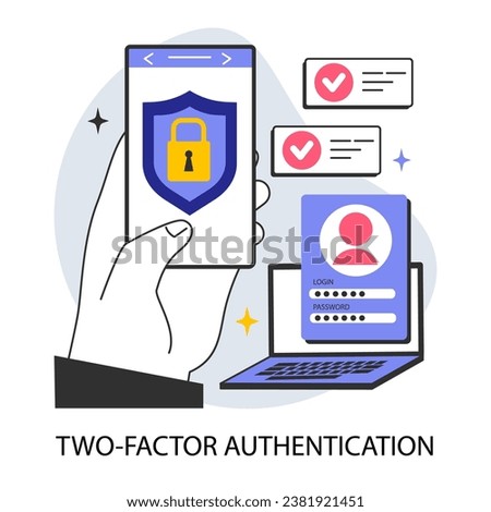 Two-factor authentication. Profile and account security. Login and password verification. Protection of personal data. Digital technology of user identification. Flat vector illustration