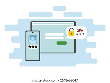 Two-factor authentication security. Notification of login confirmation with a message in an envelope with a password code. Lock icons in the tablet account.