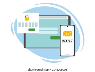 Two-factor authentication security. Notification of login confirmation with a message in an envelope with a password code. Lock icons in the tablet account.
