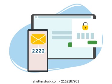 Two-factor authentication security. Notification of login confirmation with a message in an envelope with a password code. Lock icons in the tablet account.