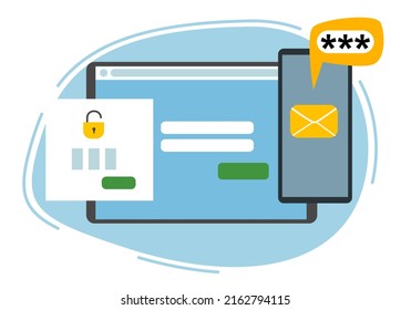 Two-factor authentication security. Notification of login confirmation with a message in an envelope with a password code. Lock icons in the tablet account