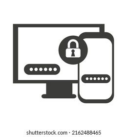 Two-factor authorization to log in. A smartphone and a computer silhouette with a lock. 2FA security check. Checking the login password. Vector illustration