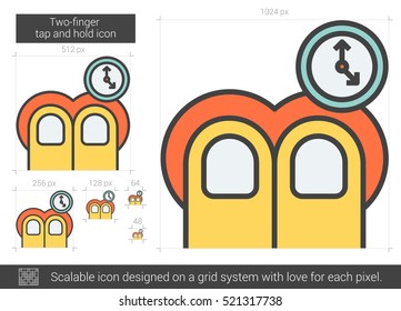 Golpear con dos dedos y mantener el icono de línea vectorial aislado en el fondo blanco. Icono de línea de dos dedos para infografía, sitio web o aplicación. Icono escalable diseñado en un sistema de cuadrícula.