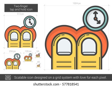 Golpear con dos dedos y mantener el icono de línea vectorial aislado en el fondo blanco. Icono de línea de dos dedos para infografía, sitio web o aplicación. Icono escalable diseñado en un sistema de cuadrícula.