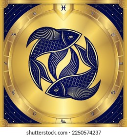 Signo Zodiac Piscis de dos pescados, Meander Golden Griego de lujo clásico, Signo Estelar Estrella, Telefoneo de Fortuna de Horoscopio y Predicción del Futuro, Ilustración de diseño de vectores de ícono de distintivo de elemento.