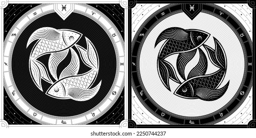 Two-Fish Pisces Zodiac Sign, Classic Greek Meander Black-White Silhouette, Stellar Star Sign, Horoscope Astrology Fortune-Telling and Future Prediction, Badge Icon Vector Design Illustration.