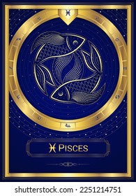 Two-Fish Pisces Zodiac Sign and Symbol, Classic Luxury Circular Golden Greek Meander Fortune Card, Stellar Star Sign, Horoscope Astrology Fortune-Telling and Future Prediction.