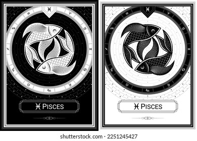 Two-Fish Pisces Zodiac Sign and Symbol, Classic Luxury Circular Black-White Silhouette Greek Meander Fortune Card, Stellar Star Sign, Horoscope Astrology Fortune-Telling and Future Prediction.