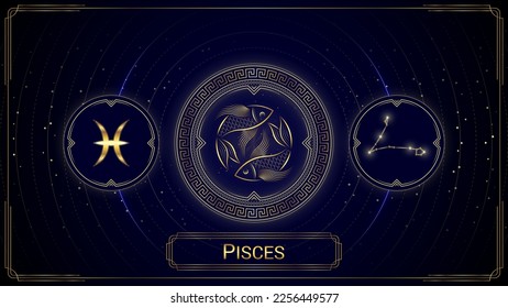 Two-Fish Pisces Zodiac Sign, Symbol, Stellar Star Constellation, Classic Greek Meander Wheel, Horoscope and Astrology, Fortune-Telling, Stellar Backdrop Background