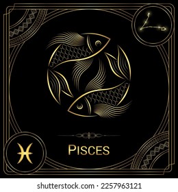 Two-Fish Pisces Zodiac Sign, Symbol, Stellar Star Constellation, Horoscope and Astrology, Fortune-Telling Square Badge Icon Vector Illustration