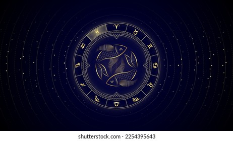 Two-Fish Pisces Zodiac Sign, Wheel of Twelve Symbol, Horoscope and Astrology, Fortune-Telling, Stellar Backdrop Background