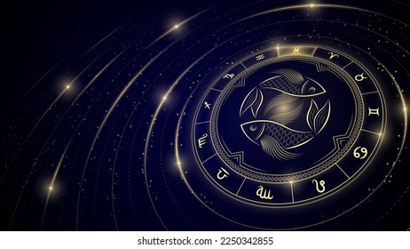 Two-Fish Pisces Zodiac Symbol, Wheel of Twelve Sign, Star Trail, Glowing Ray of Star Light in Space, Horoscope and Astrology, Fortune-Telling, Stellar Backdrop Background Vector Illustration.