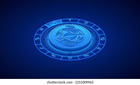 Two-Fish Zodiac Symbol, Wheel of Twelve-Sign, Neon Glow Isometric Bas-Relief Sculpture, Horoscope and Astrology Element for Fortune-Telling, Lattice Grid Backdrop Background.