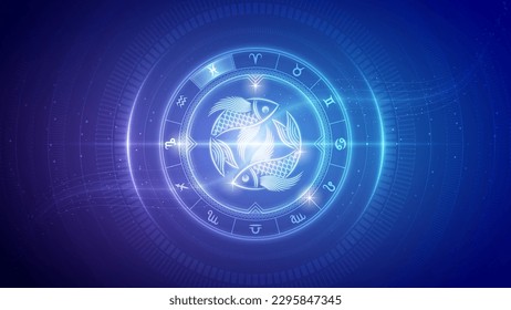 Two-Fish Zodiac Wheel Star Sign Futuristic Hologram Neon Glow Cybernetic Digital Translucent Horoscope, Astrology and Fortune-Telling Backdrop Background Illustration