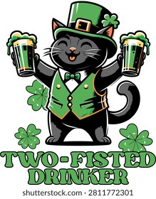 Two-fisted drinker cat with beer mugs illustration