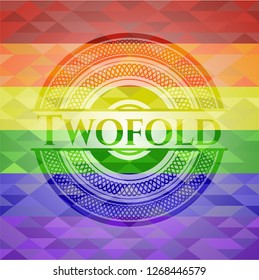 Twofold emblem on mosaic background with the colors of the LGBT flag