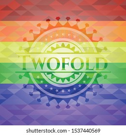 Twofold emblem on mosaic background with the colors of the LGBT flag