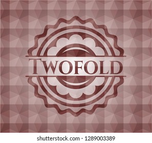 Twofold red emblem or badge with geometric pattern background. Seamless.