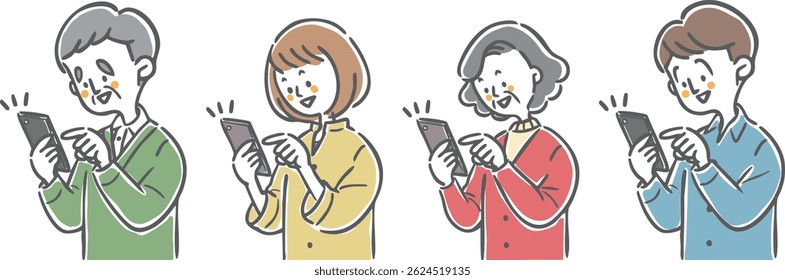 Two-generation family in a good mood operating a smartphone, upper body, vector