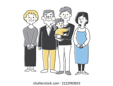 Two-generation family with pregnant women Comical handwritten person Vector, simple coloring of line drawings Two-generation family with pregnant women