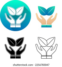 Two-Hand Holding Organic Green Leaf Science Icon, Set of Flat Long Shadow, Color, Black-White Silhouette, Line Art Logo Icon Symbol Isolated on White Background for Science Medical