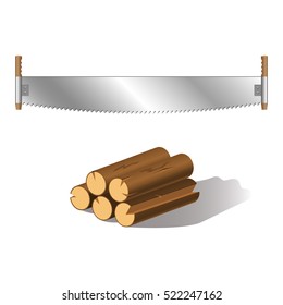 Two-hand saw with wooden handle and firewood, vector illustration isolated on white