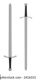 Two-handed medieval knight vector iron sword clip art color illustration isolated on white. Contour, no contour