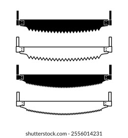 Two-handed saw icon. Carpentry and joinery tools. Hand saw, symbol of construction, sawmill or sawmill. Wood saw. Isolated vector illustration on a white background.