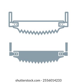 Two-handed saw icon. Carpentry and joinery tools. Hand saw, symbol of construction, sawmill or sawmill. Wood saw. Isolated vector illustration on a white background.