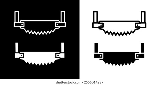 Two-handed saw icon. Carpentry and joinery tools. Hand saw, symbol of construction, sawmill or sawmill. Wood saw. Isolated vector illustration on a white background.