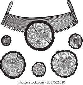 Two-handed saw and logs, vector illustration. Vintage graphics and handwork. Tools collection.