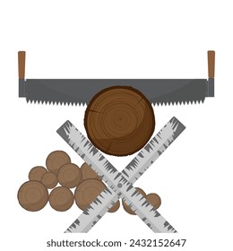 two-handed saw. sawing firewood. Vector illustration