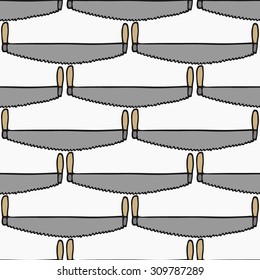 Two-handed saw - wood and tools. Hand-drawn seamless cartoon pattern with logging device.  Doodle drawing. Vector illustration. 