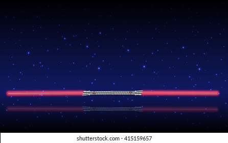 Two-handed sword with neon red color on star background, vector illustration