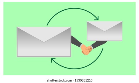 two-handed symbol shaking hands with email feedback. illustration of an agreement between the two parties by sending a document. collaboration of two parties with white envelope feedback mark.