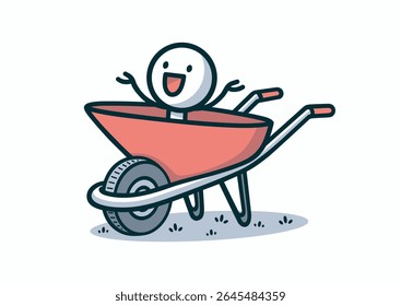 Two-handed wheelbarrow and smiley sitting in it cheerfully advertise all types of transport services and loading and unloading operations. Cartoon vector illustration, logo, print, pictogram, icon, ad