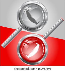 Two-handled saw. Vector magnifying glass.