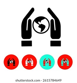 two-hands-world-sphere icon, black, white and colored buttons
