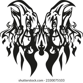 Two-headed eagle like a butterfly isoloted on white for tattoos or fabrics. Black-white detailed flaming predator symbol for posters, textiles, prints on T-shirts, fashion, logos, graphics on vehicles