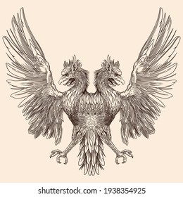 Two-headed eagle with outstretched wings. Heraldic sign isolated on beige background.