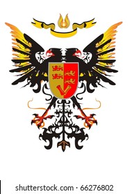 Two-headed eagle with a shield and a ribbon